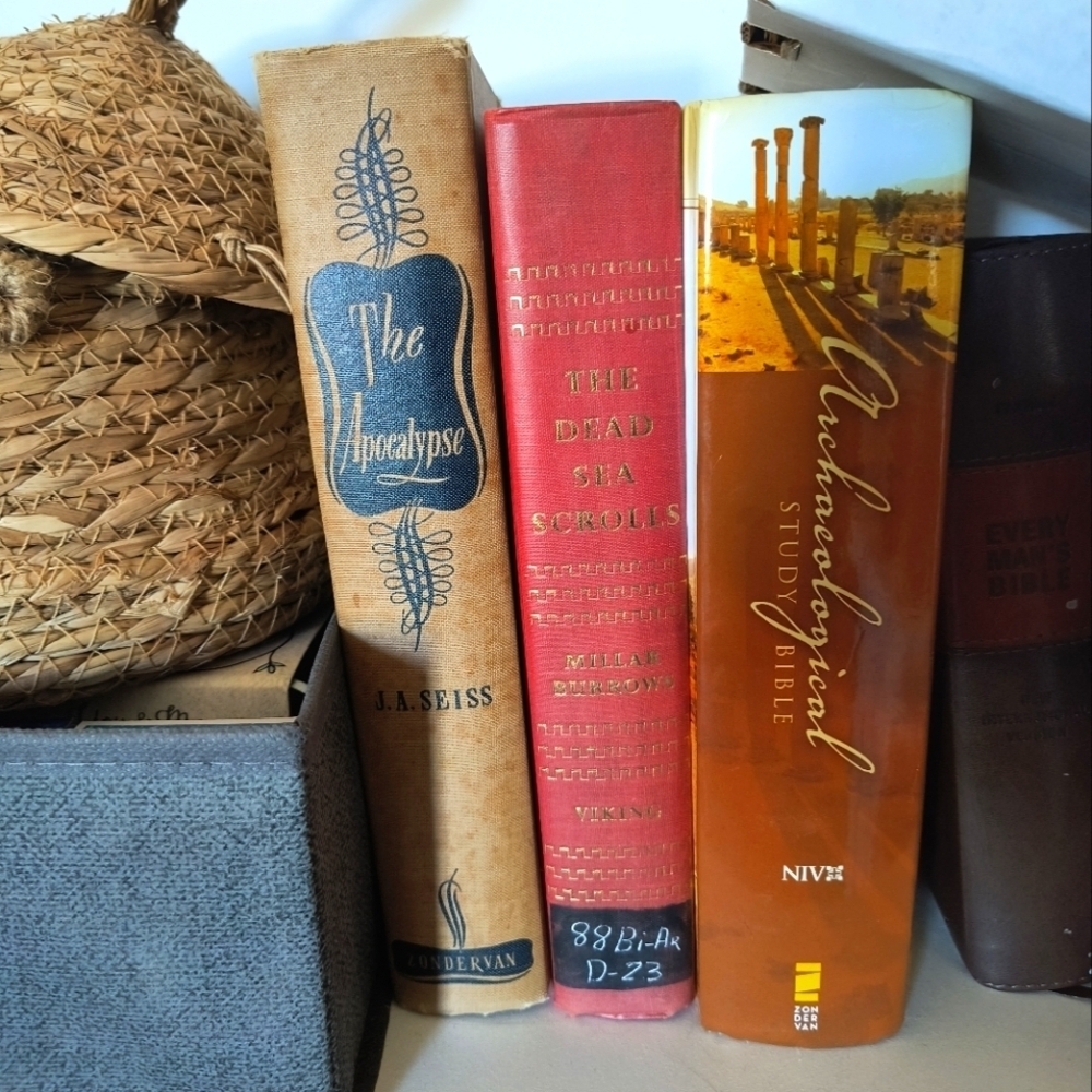 Two vintage antique books decor accessories apocalypse Dead Sea scrollsChristian